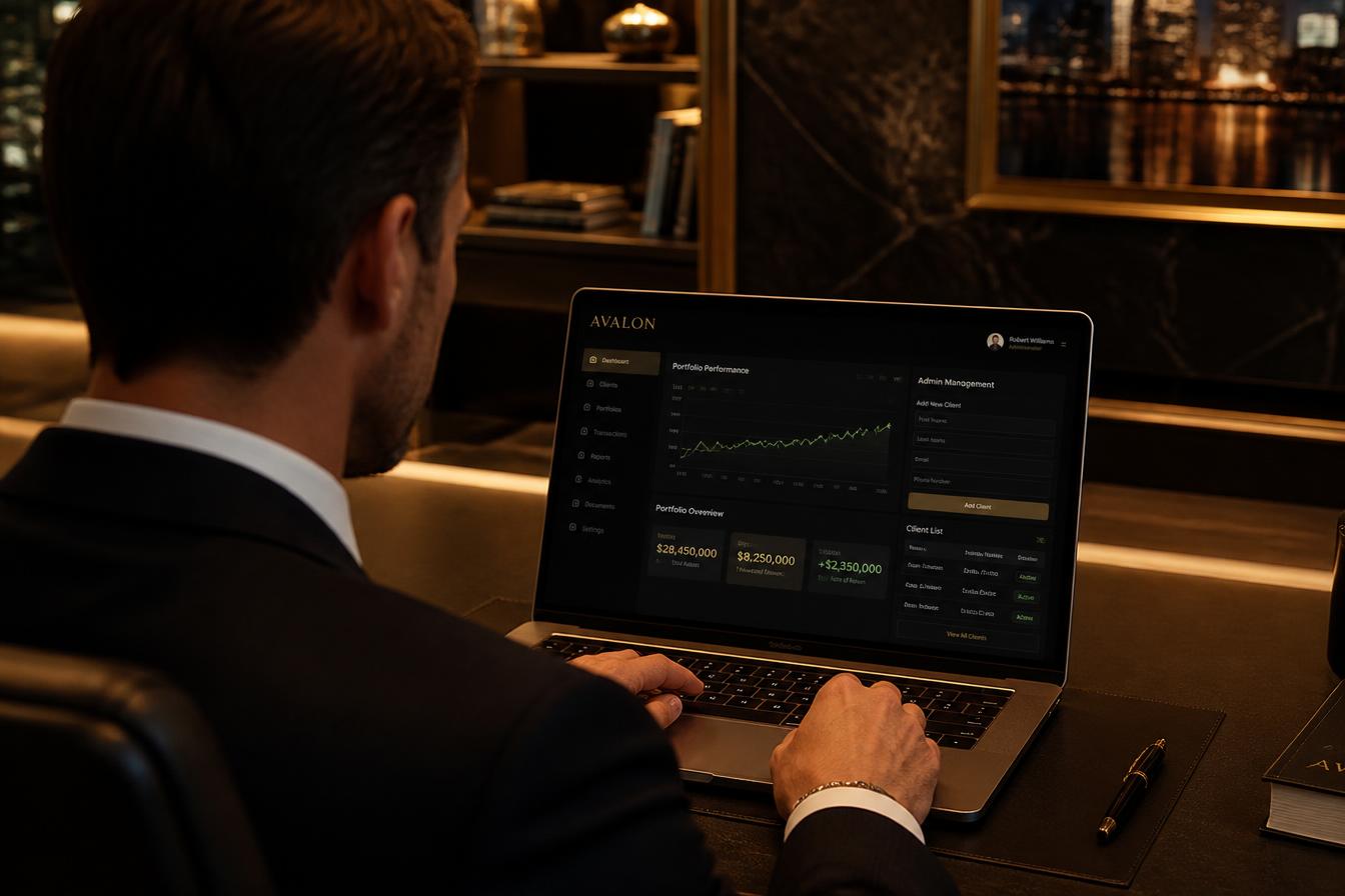 Partner de Avalon gestionando su portafolio desde el Avalon Portal, con dashboard de resultados y funciones administrativas